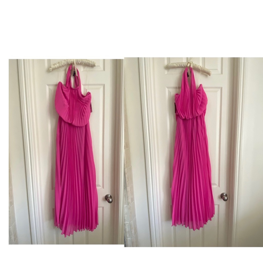 NEW PINK Blouson-Pleated Dress Halter Maxi Gown